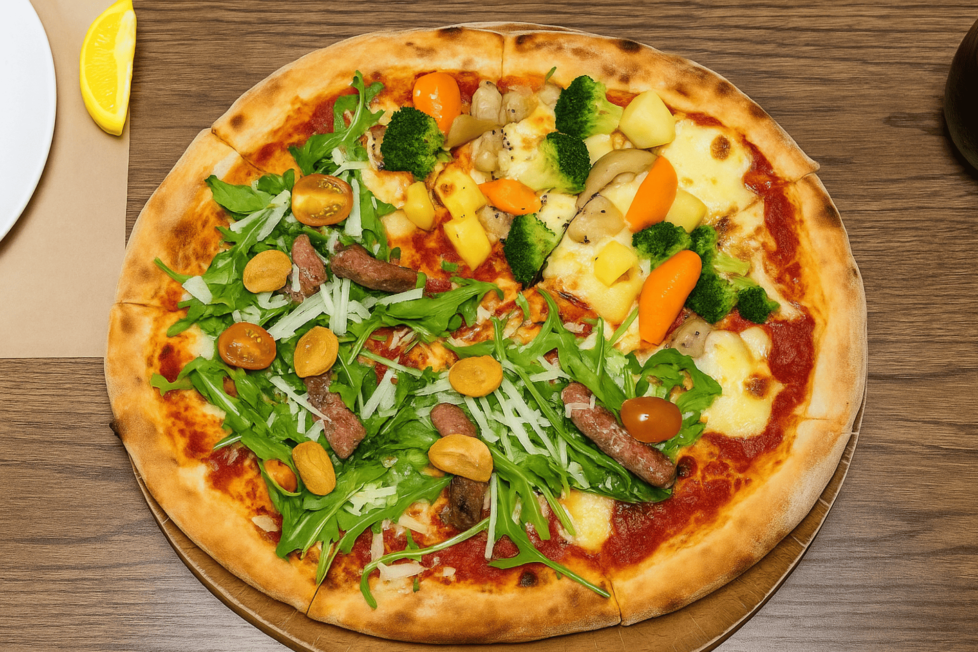 Cardi Pizzeria offers delicious half-and-half pizzas that combine fresh, high-quality toppings for a unique flavor experience